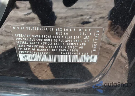 2016 Volkswagen Jetta 1.4T Se из США, поврежденный, VIN 3VWD67AJ3GM384327